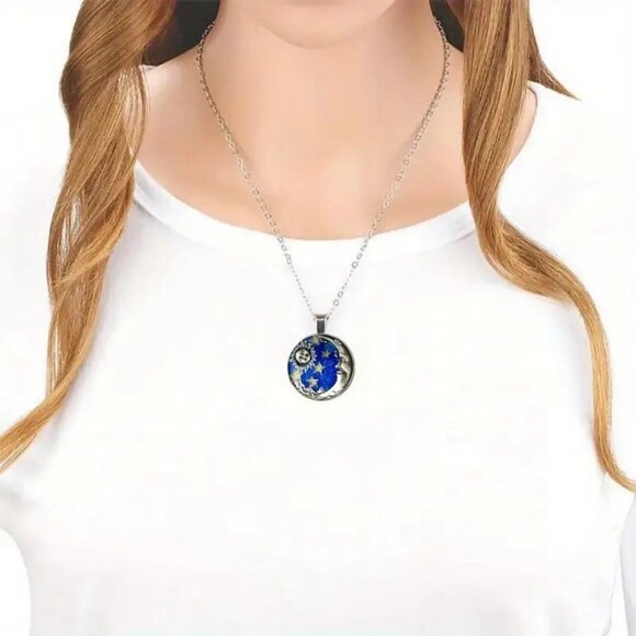 Silver CELESTIAL Sun Moon Glass Cabochon Pendant Necklace - Picture 2 of 3